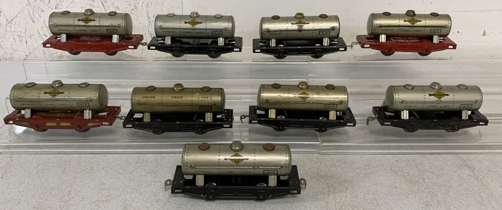 9 Lionel 1515 Tin Tank Cars: wear, scratches, O gauge