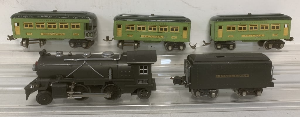 Lionel Locomotive, Tender, and 3 cars: 249E Locomotive (restored tinplate), Tender (restored tinplate) 607 Pullman, 608 Observation