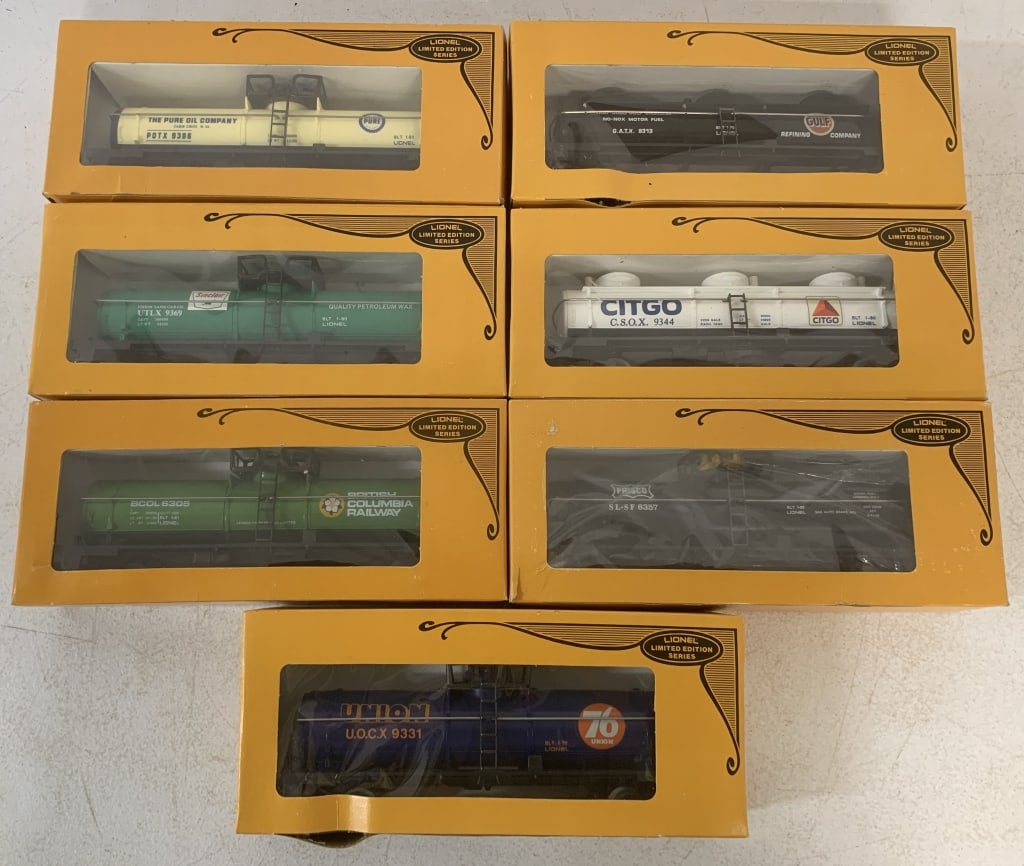 7 Lionel Limited Edition Series Tank Cars/Boxes: 6-9313, 6-6357, 6-9344, 6-9386. 6-9331, 6-9369, 6-6305, some with box wear, O gauge