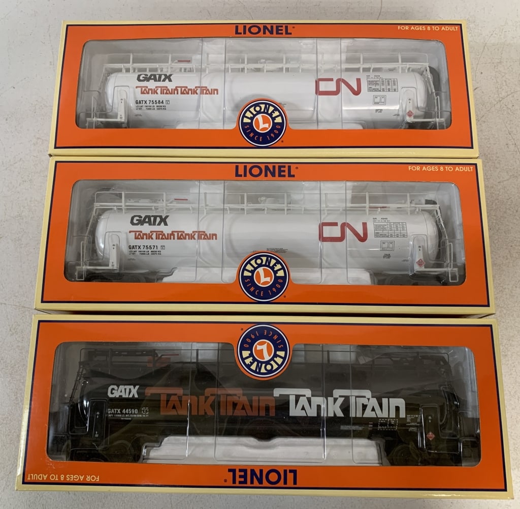 3 Lionel Tank Intermediate Cars w/ Boxes: 6-19638, 6-19647, 6-19633, O gauge