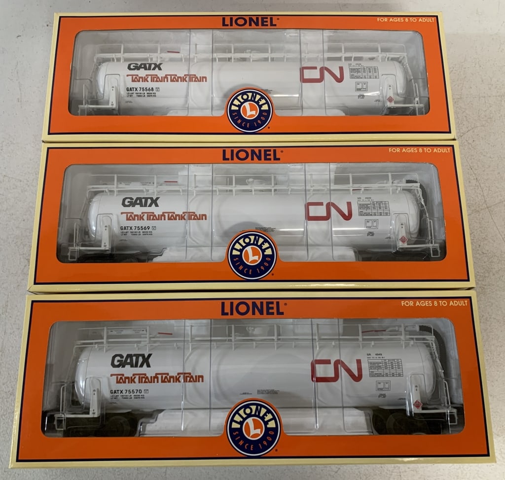 3 Lionel Tank Intermediate Cars w/ Boxes: 6-19632, 6-19630, 6-19631, O gauge