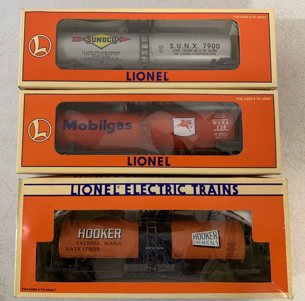 3 Lionel Unibody Tank Cars w/ Boxes: 6-17909, 6-52121, 6-17910, some with cellophane damage, O gauge