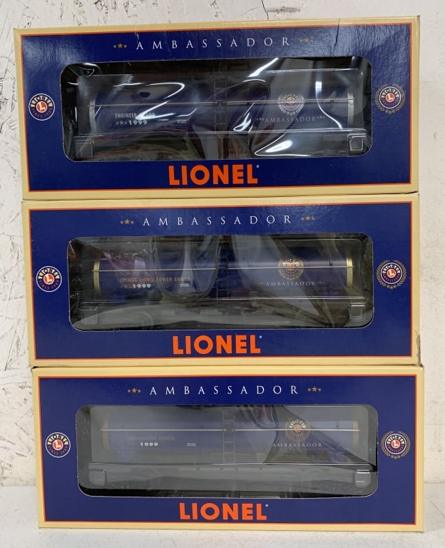 3 Lionel Ambassador Tank Cars w/ Boxes: Gold, Silver, Bronze, O gauge