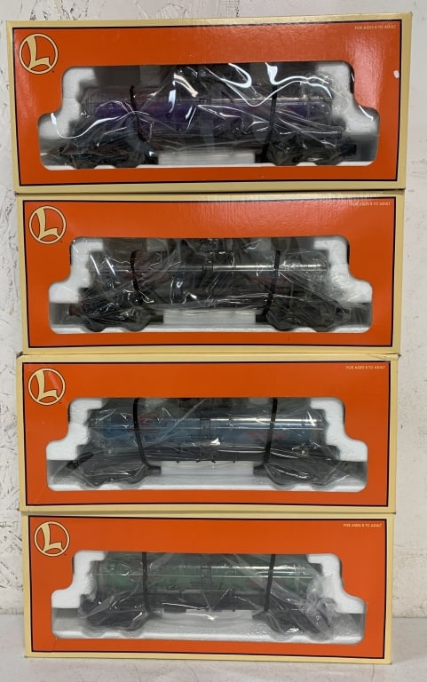 4 Lionel Tank Cars w/ Reactor Fluid & Boxes: 6-16155, 6-16154, 6-16160, 6-16153, O gauge