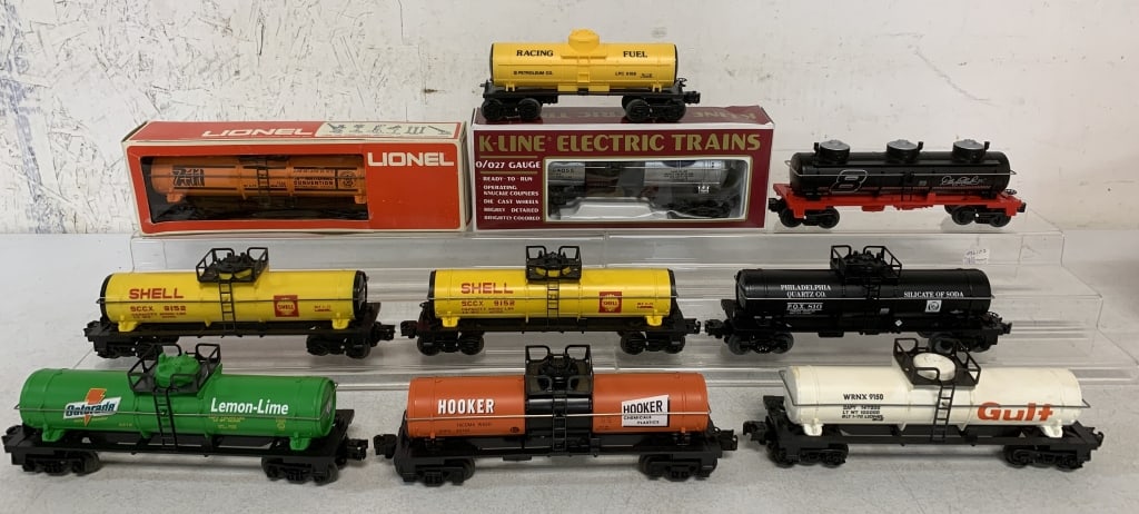 10 Lionel/K-Line Tank Cars: TCA Conv, K-6333, 83055, 9152, 6108, 9150, 6315, Shell, 6-63152, Dale Earnhardt, toys in good condition, boxes are original, reproductions and just some plain white ones, O gauger