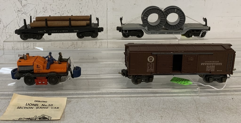 4 Lionel pcs-Automobile/Cable/Gang/Lumber: all with original boxes, 2758, 6561, 3461X, 50, toys have some wear and age, boxes have age, wear, damage, O gauge