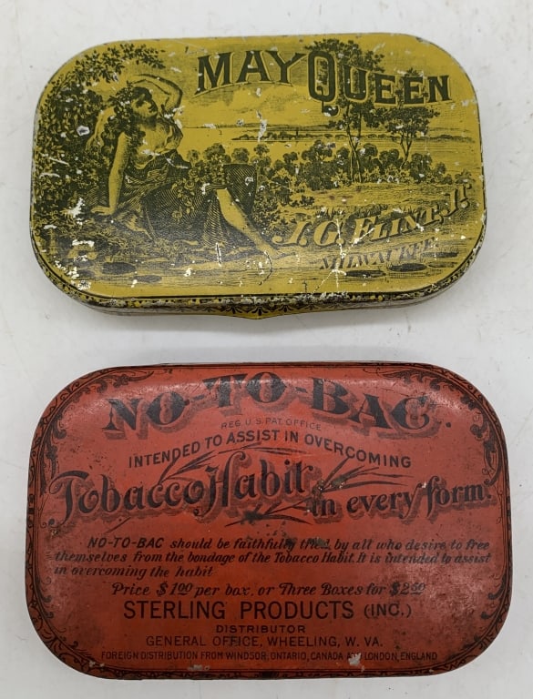 (2) Tobacco Tins May Queen/No-To-Bac: lithos have some wear and some peeling, tarnish on the inside