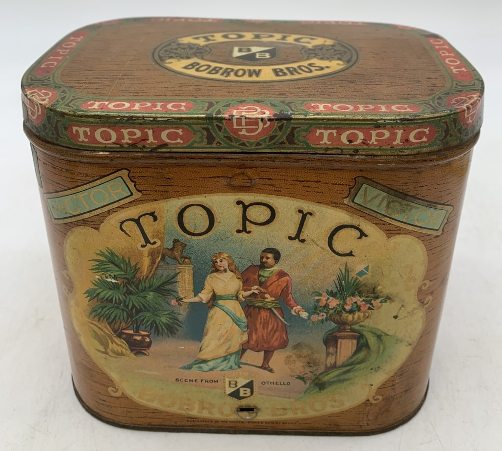 Topic Bobrow Bros Tobacco Tin: litho has light wear and is in good condition for its age, small dent on top of can, tax label still on the one side of the can