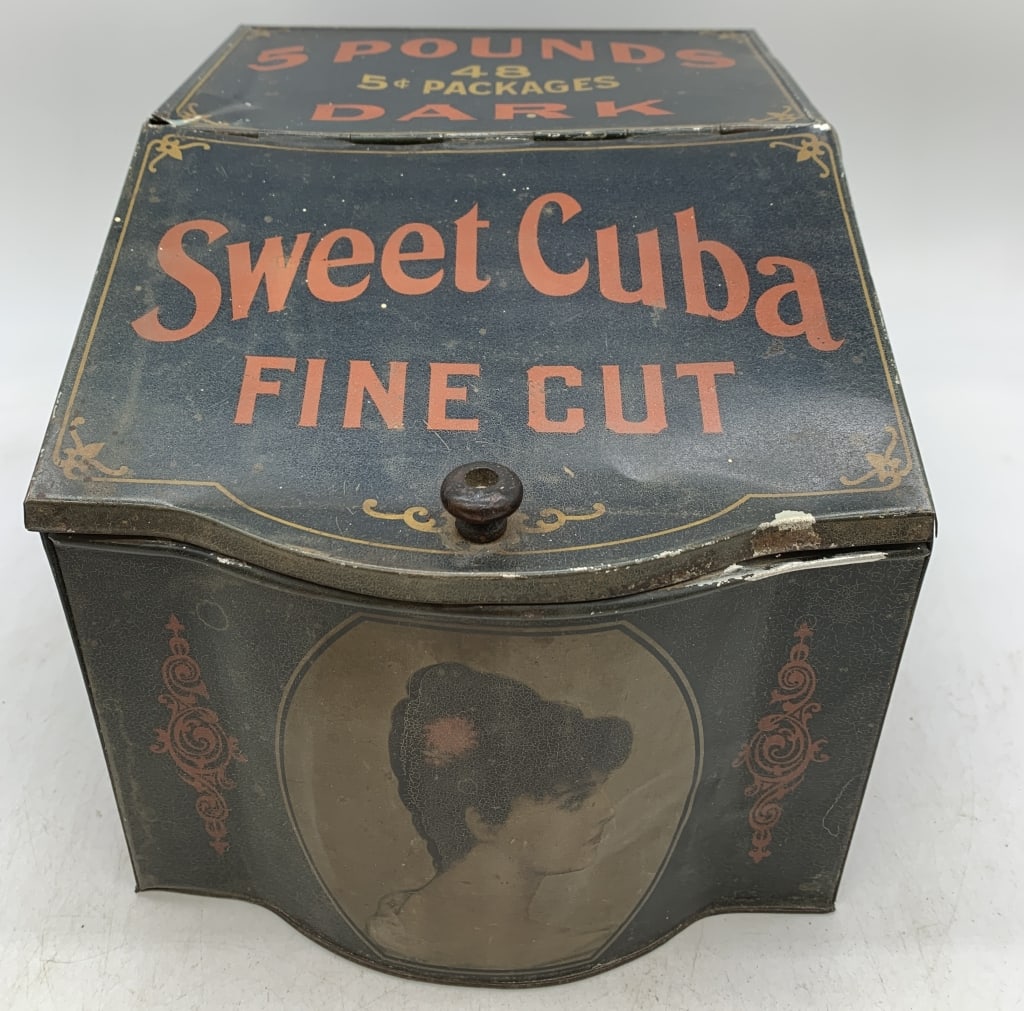 Sweet Cuba Tobacco Tin Display Can: dent on top, some of the litho is worn and chipped at spots, some dents on the sides