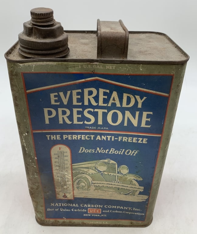 Primitive Eveready Prestone Anti-Freeze Can: some dents throughout, a number of rust spots, some of the litho is worn and peeled at some spots