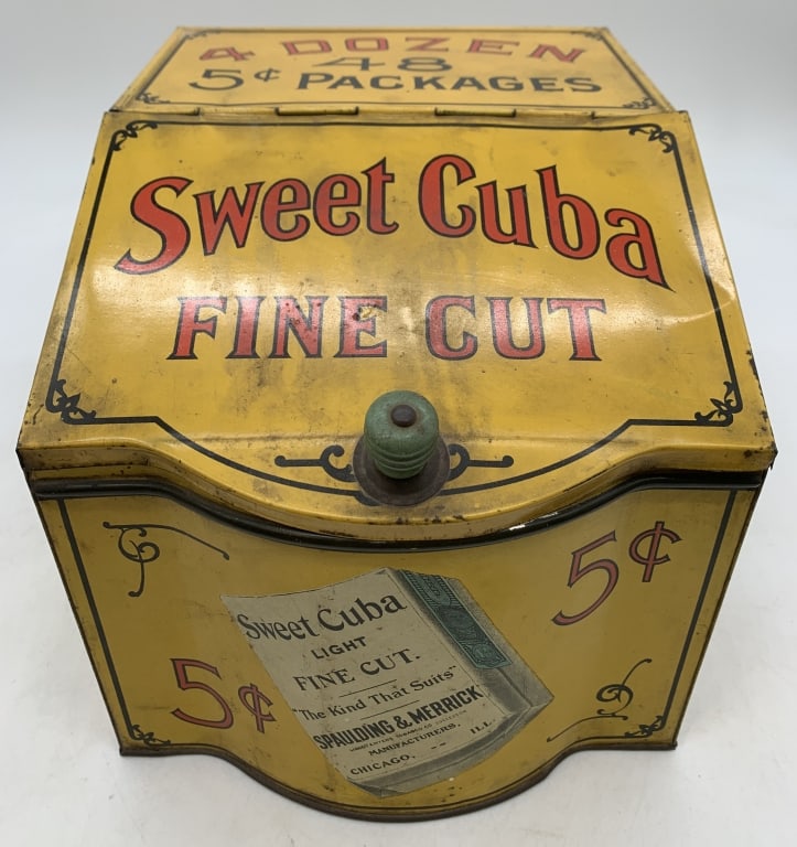 Sweet Cuba Tobacco Tin Display Can: some light dents on top and sides, some rust spots, some of the litho is worn and chipped at spots