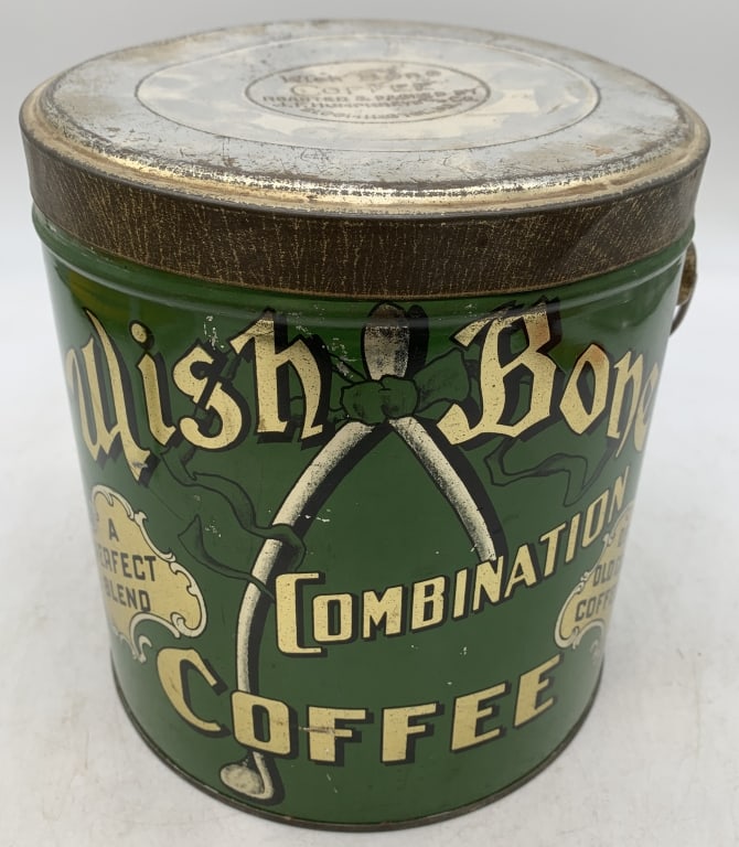 Wish Bone Combination Coffee Can: lid has some dents, some light scratches on the litho, some tarnishing