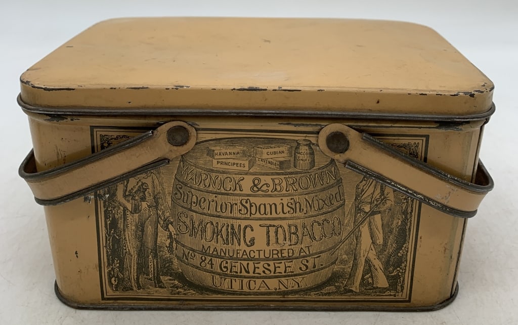 Warnick & Brown Smoking Tobacco Tin: lid dented, chipped paint here and there, litho has some wear and some scratches, tarnish on the inside of the can