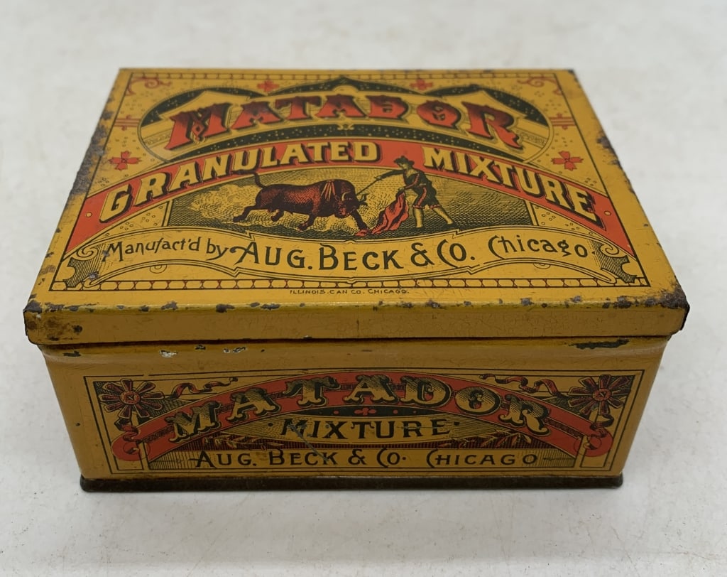 Aug. Beck Co. Matador Tobacco Can: litho has some wear with some chips, some rust on the inside of the can