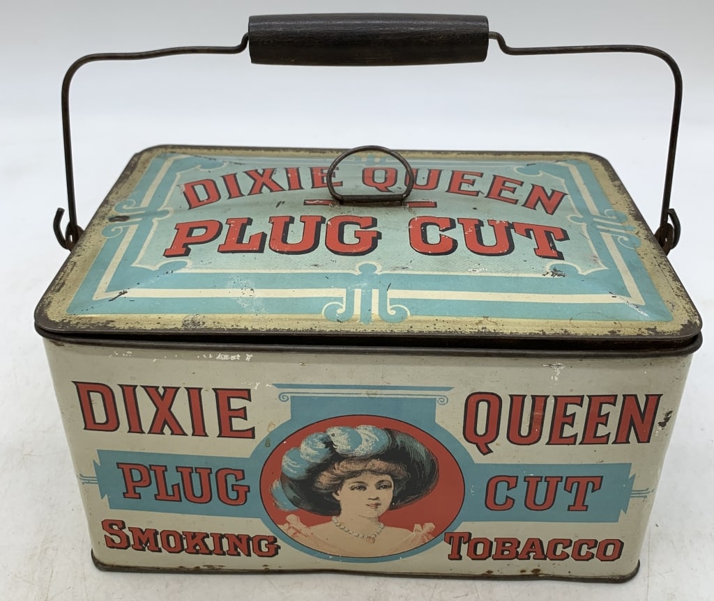 Dixie Queen Pine Cut Smoking Tobacco Tin: litho has wear and age, some peeling and chips, tarnish on the edges, some rust