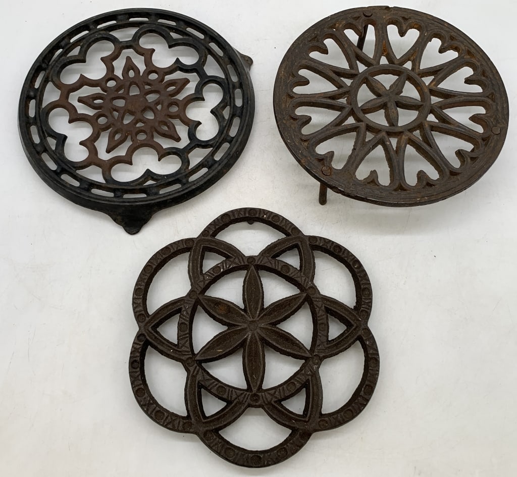 (3) Cast Iron Trivets-Cousances, J W Cast-other: one unmarked, all with rust and wear