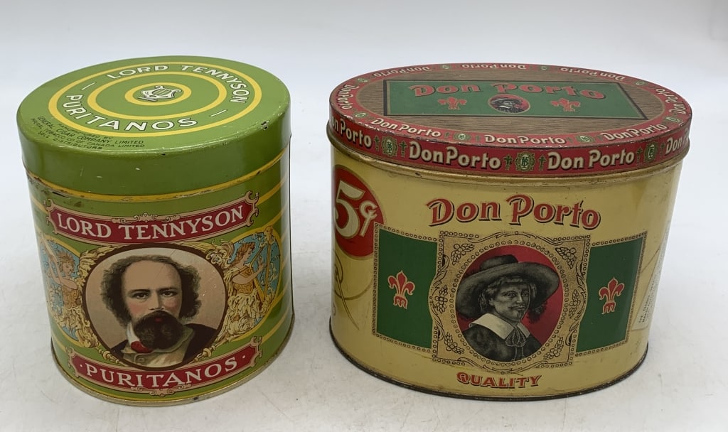 (2) Cigar Tins-Don Porto & Lord Tennyson: both have a few dents, lithos have some wear, some scratches
