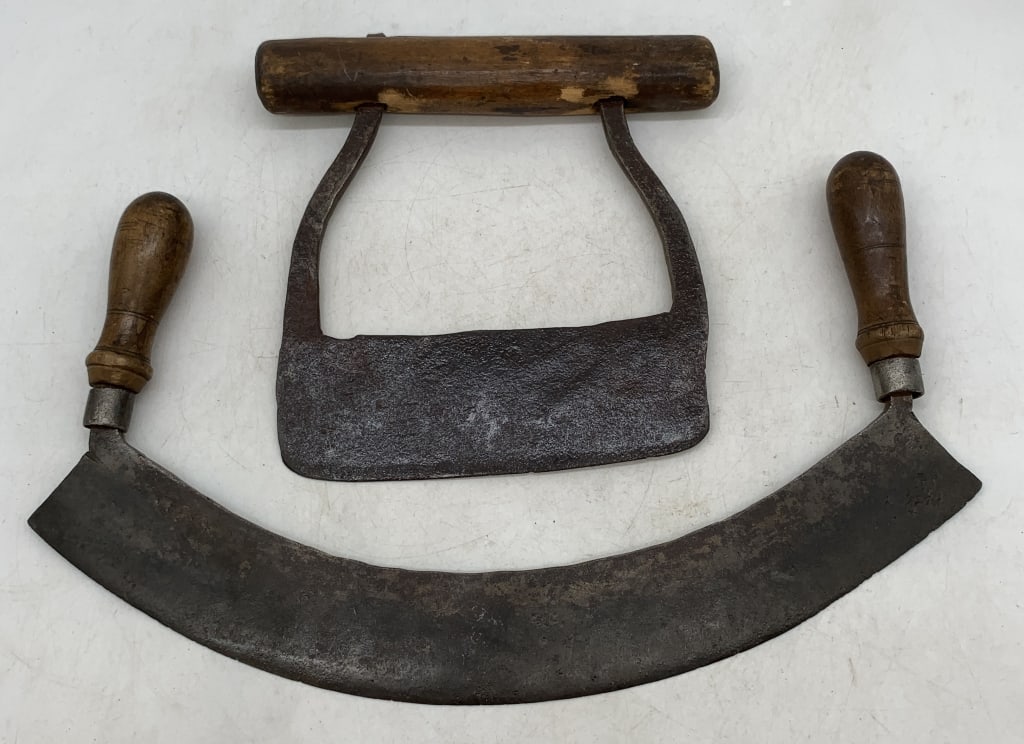 (2) Meat/Food Choppers: no names or markings, pitting on the baldes, handles have a lot of wear