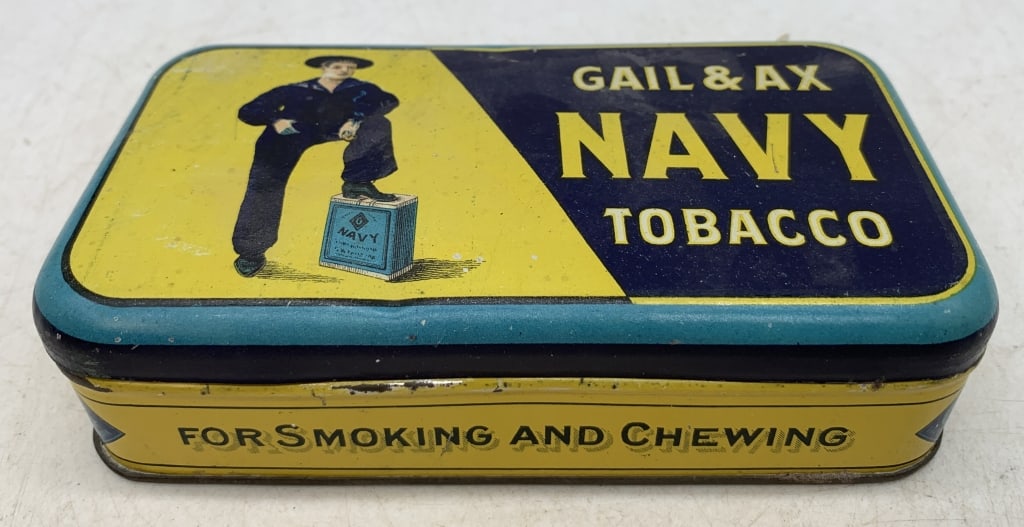 Gail & Ax Navy Tobacco Tin: some small dents on the lid, litho in fairly good condition for its age