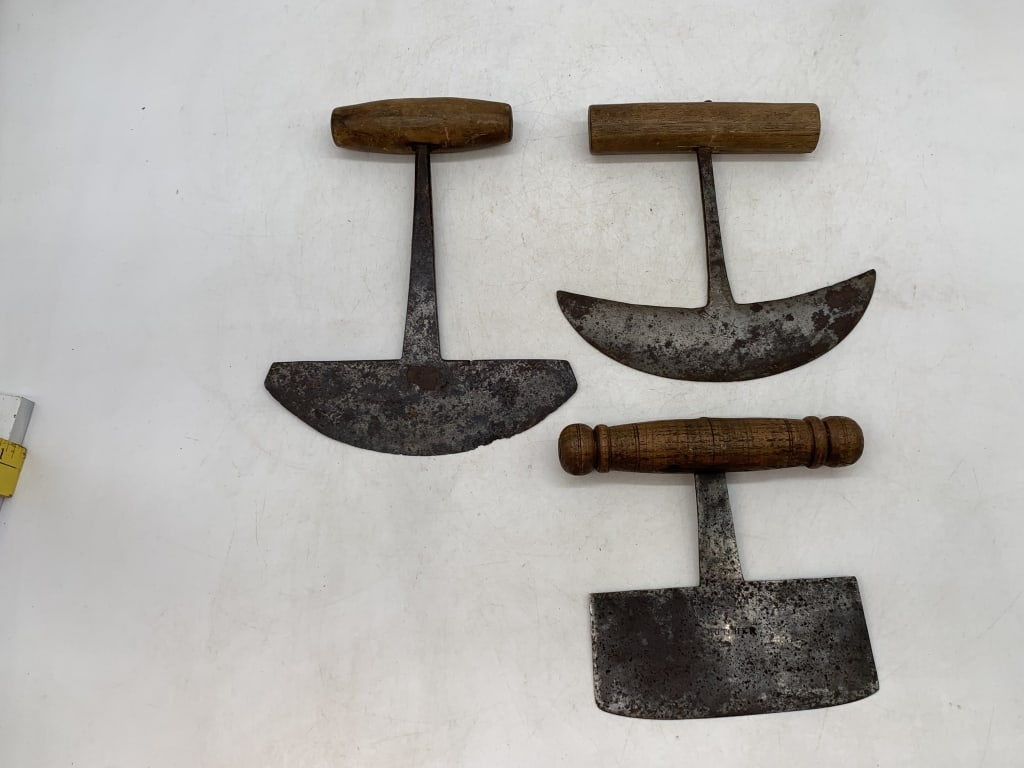 (3) Meat/Cutting Choppers-one marked Butcher: pitting and wear on the blades along with some rust, some wooden handle wear, one has some small chips out of the end of the bladed, two are unmarked