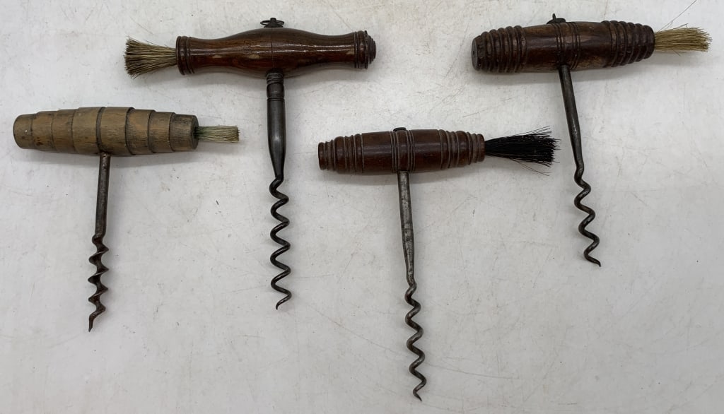 (4) Corkscrew/Brush Combinations: wear and age, one marked made in France, others not marked