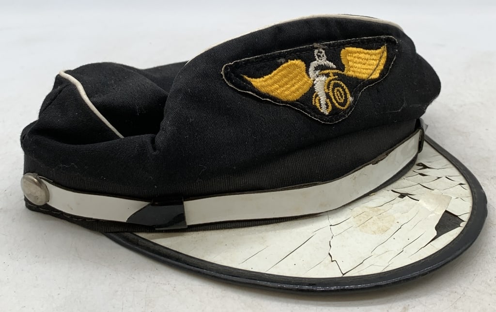 Winged Wheel Motorcycle Cap/Harley Davidson?: lots of cracking and peeling on the brim, some peeling and cracking inside along the headband, size 6 3/4
