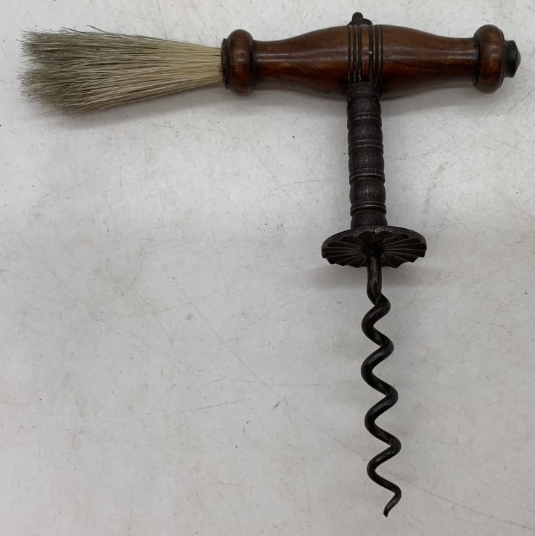 Corkscrew/Brush Combination: some wear and pitting on metal, handle has wear, no names or markings