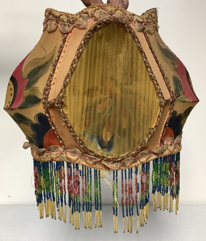Art Deco Beaded Light Shade: some tears on the material, some beads missing, wear and age, no names or markings