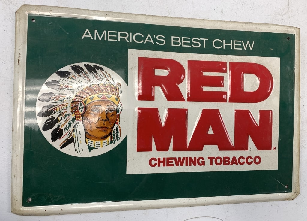 Red Man Chewing Tobacco metal sign: has wear with scratches, dings and some rust