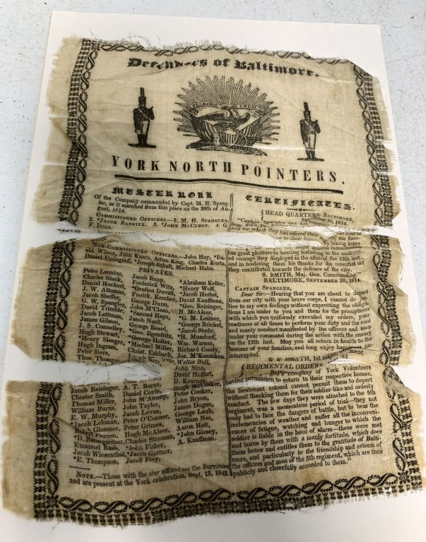 Defenders of Baltimore York North Pointers silk: 1814 commemmorative celebrated in 1843 at York; has wear with staining and tears as shown