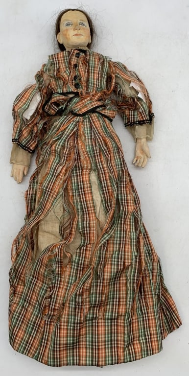 Vintage Cloth Doll w/ Ceramic Extremeties: marked Sally on the bottom of the one foot, dress is torn and tattered and has some stains, paint worn at spots on head, legs, feet