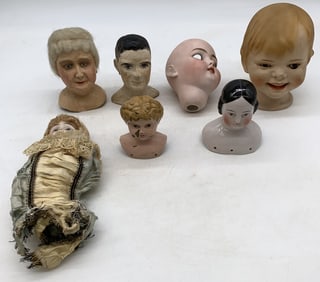 7 Vintage Bisque/Ceramic/Metal Doll Heads