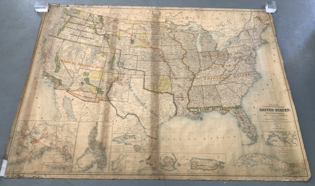 1899 United States Territiories Map on Cloth: map torn and tattered around the edges, mounted on cloth backing, wrinkles, creases, 60" X 84"