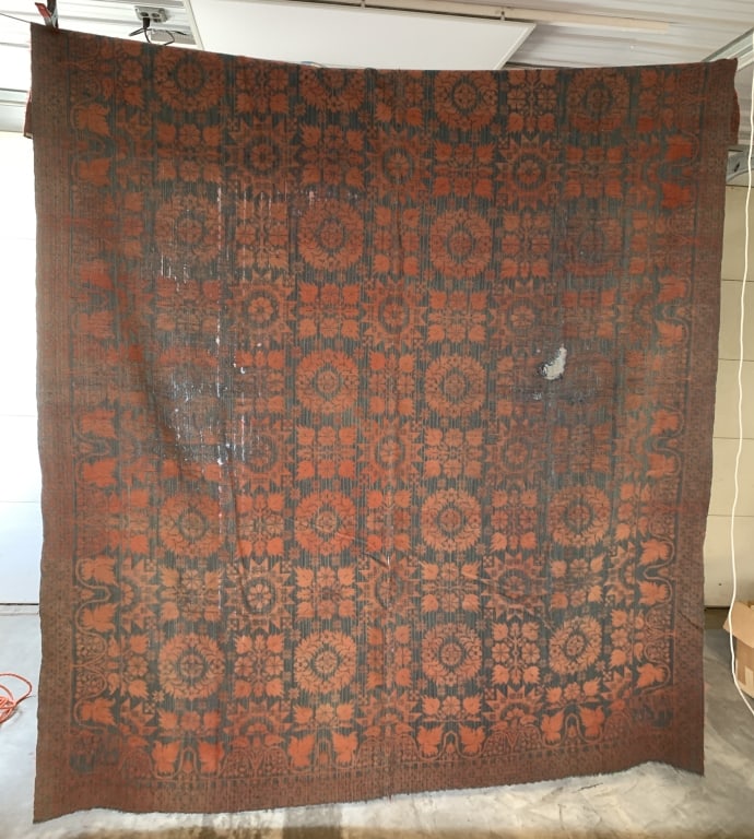 M Hoke Dover York Co. 1840 Coverlet: hole towards the center, threadbare at some spots, some small holes throughout, 80" X 100"