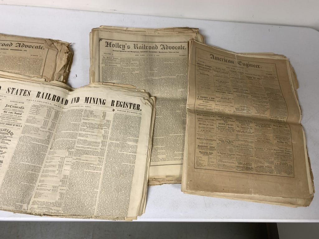120+ Railroad Newspapers from 1850's to 1870's: have wear with discoloration, tears and stains