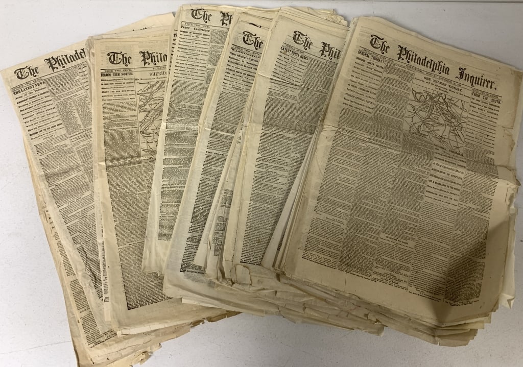 35 + issues 1864-65 Philadelphia Enquirer: have wear with creases, discolorations, tears and stains