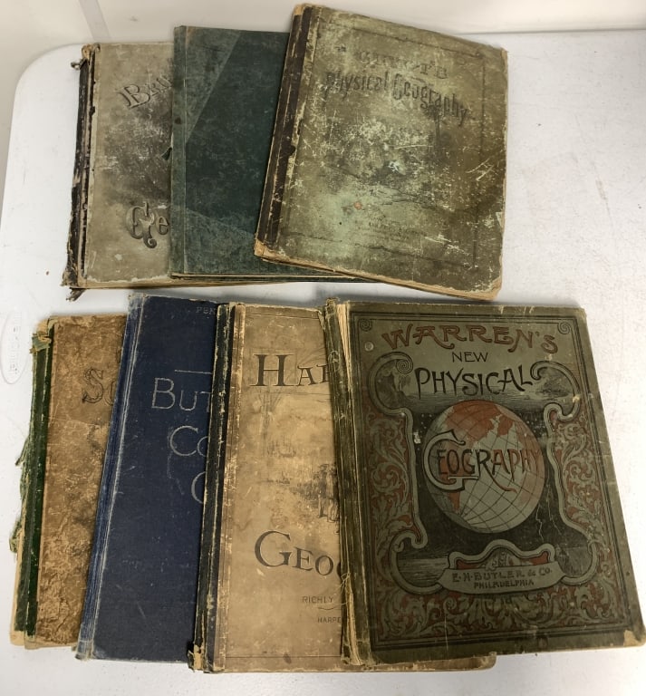 7 Geography Books and School Atlases: show heavy wear and damage; some loose spines