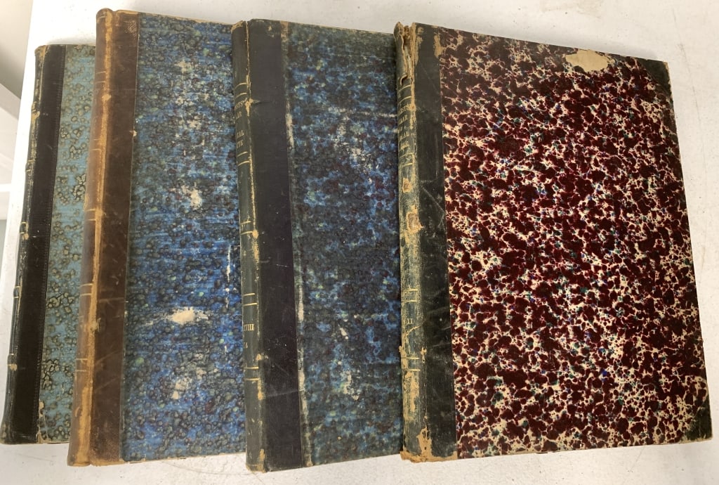 Americas Druggists' Circular & Chemical Gazette: 4 hardbound editions; 1870, 1873-74, 1876; covers show wear and damage; pages are water damaged, stain, torn and wrinkled