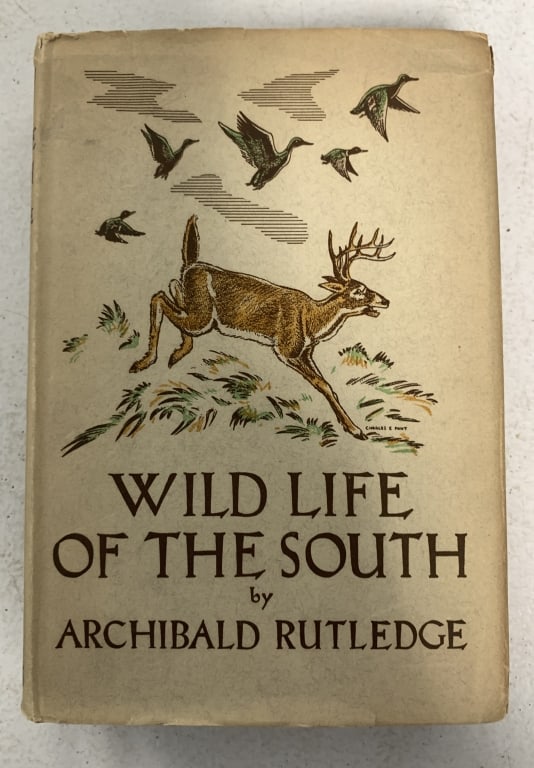 Wild Life of the South by Archibald Rutledge: dust jacket shows wear, some damage and discoloration; pages are browning and some stains from newspaper clippings