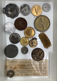 lot of assorted tokens, fobs, pins and mirror