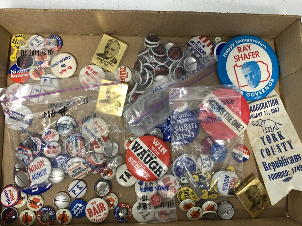 90+ political buttons and some matchbooks: show wear; see photos for sampling