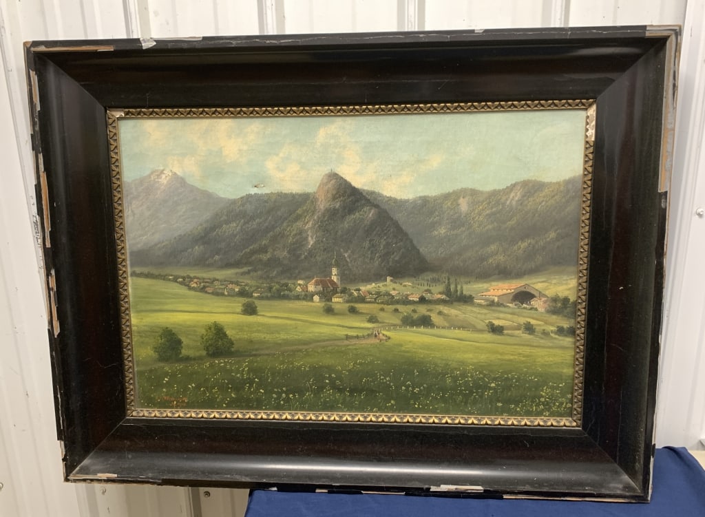 F. O. Wieduwitt oil on canvas 1910: 39 3/8" x 29 5/8" oil painting is cracking and has a puncture as shown; frame is scratched, cracked and peeling