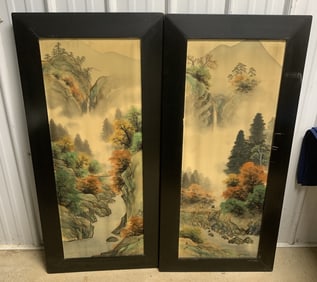 2 Asian silk landscapes in frames