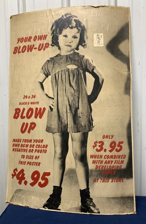 Blow Up Poster adv. With Shirley Temple: 24" x 37"; has wear with tears and stains; cardboard has curvature