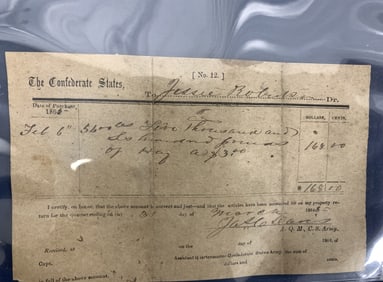 Confederate States Ass't Quartermaster receipt