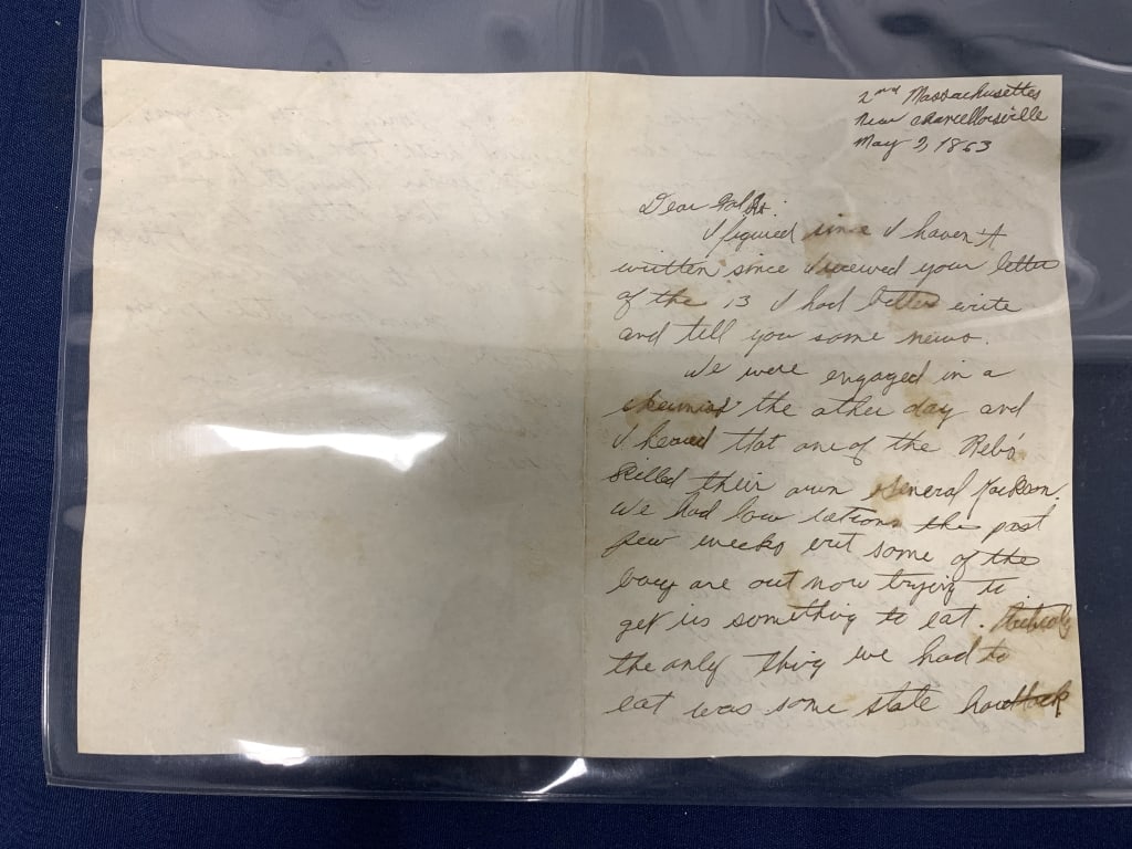 Civil war letter referring to Gen. Jackson shootin: has wear with some ink smears and stains