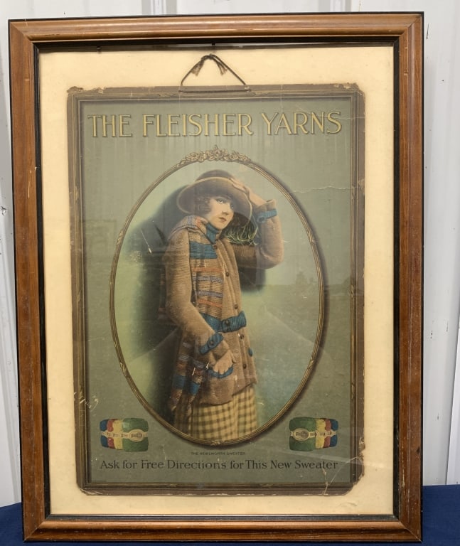 framed Fleisher Yarns advertising: 20 3/4" x 26 3/4"; shows wear and damage with creases, tears and missing pieces