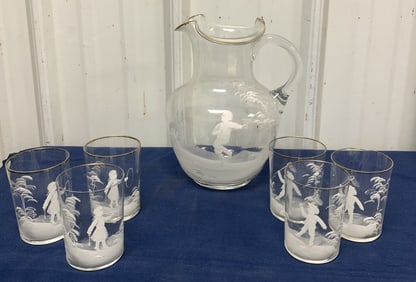 6 Mary Gregory glasses and pitcher