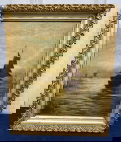 framed oil on canvas boat painting