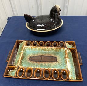 Pfaltzgraff drip glaze egg dish & hen on nest